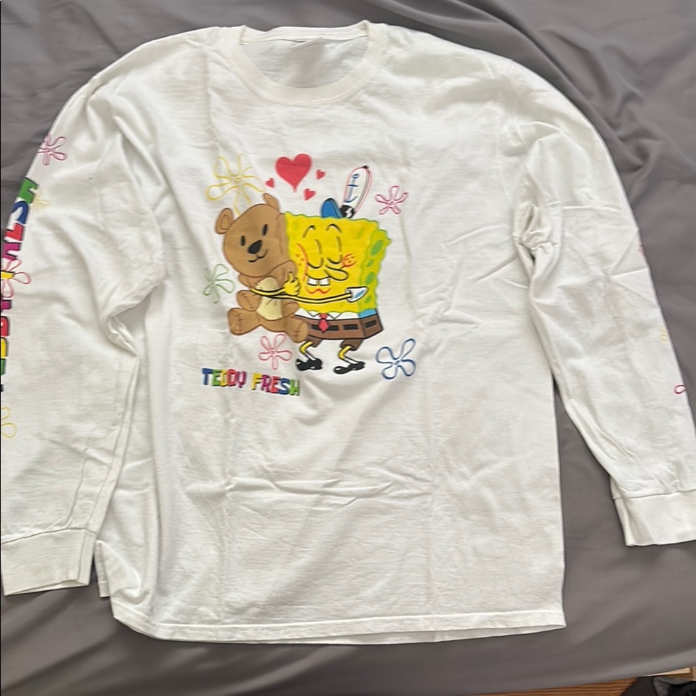 Teddy Fresh White Long Sleeve Tee with Playful Cartoon Design
